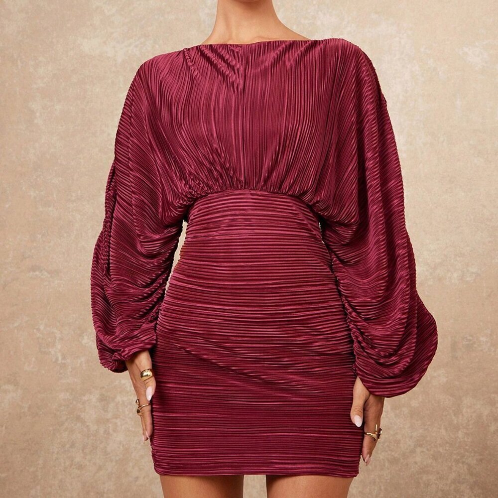 Burgundy Casual Women's Pleated Luxury Party Dress